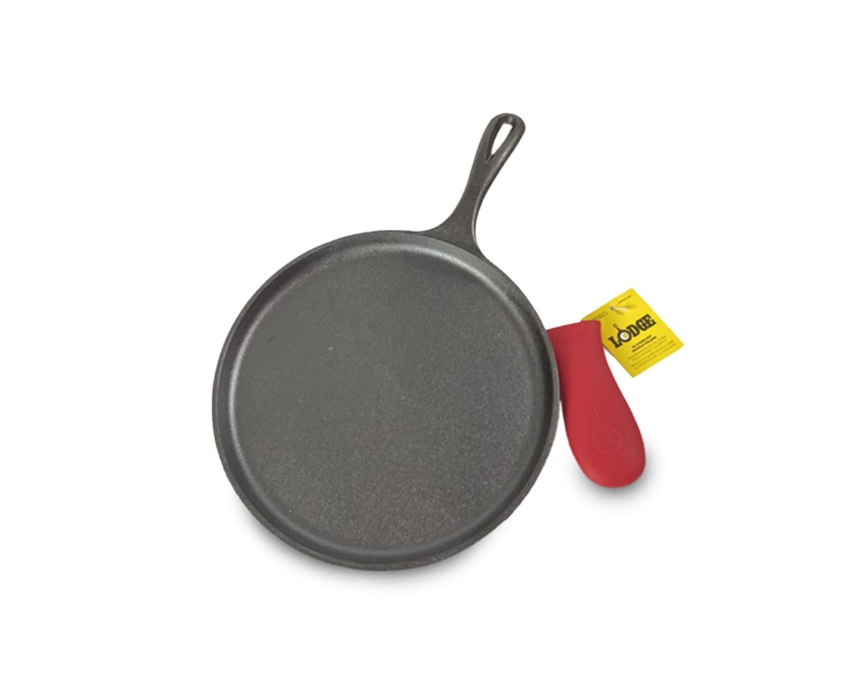 Seasoned Cast Iron Griddle Red Silicone Handle 10.5 Inch Flat Cooking Pan