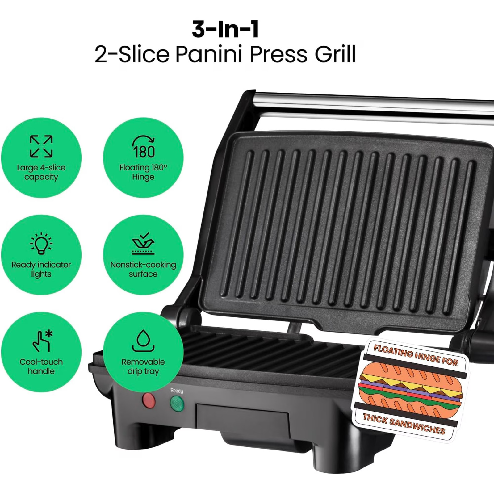 Chefman 3-in-1 Panini Press & Grill 2-Slice Non-Stick Opens Flat Stainless