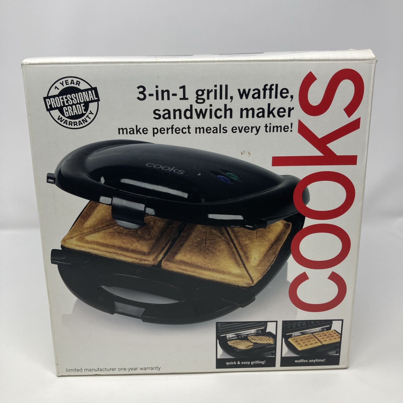 Cooks 3 in 1 Grill, Waffle, Sandwich Maker, Open box