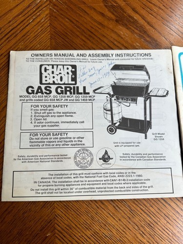 Char-Broil Grill Manual Cookbook Set GG 658 MCP 1984 Gas BBQ Backyard Recipes