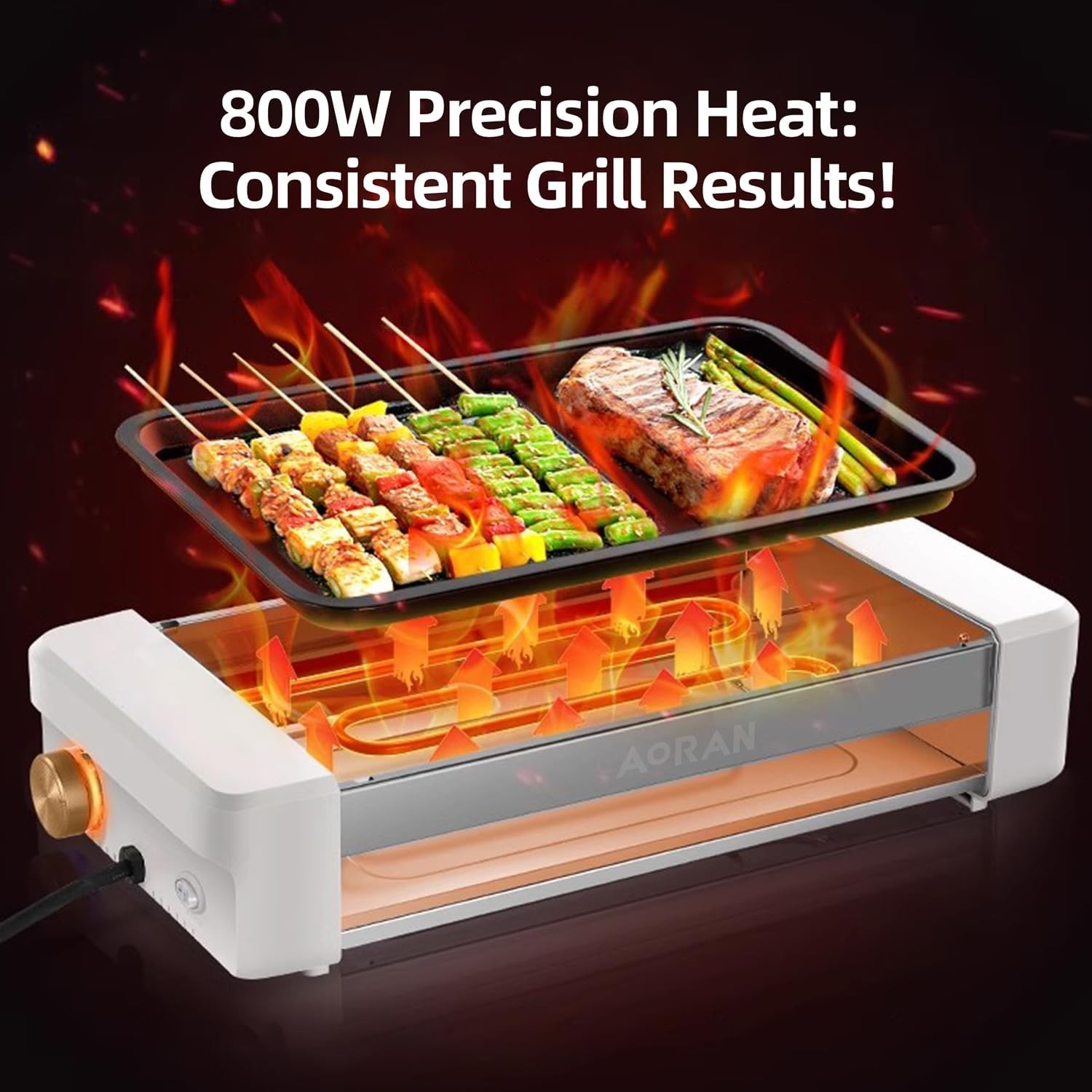 Electric Indoor Grill Smokeless 800W Countertop Grill W/ Removable Plates