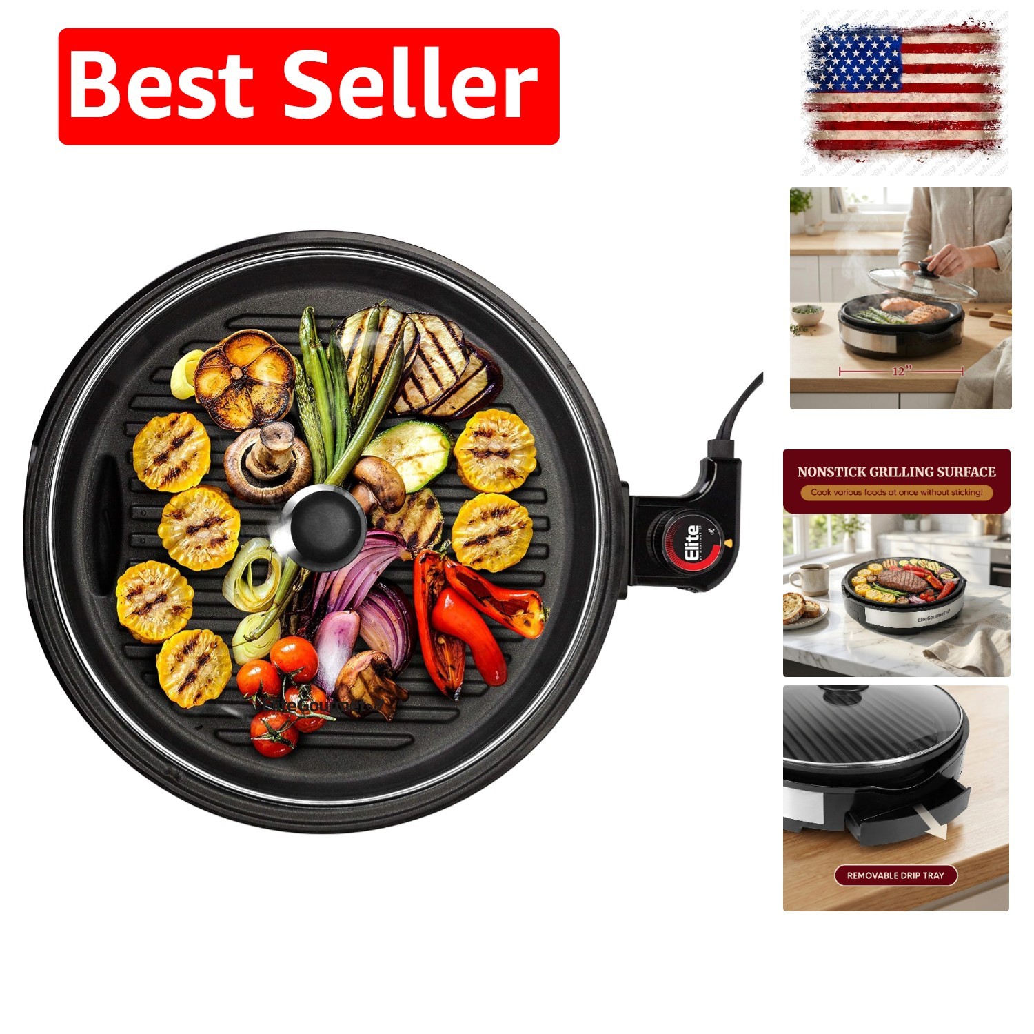 Indoor Electric BBQ Grill, Non-Stick, 12″ | Dishwasher-Safe with Glass Lid, A…