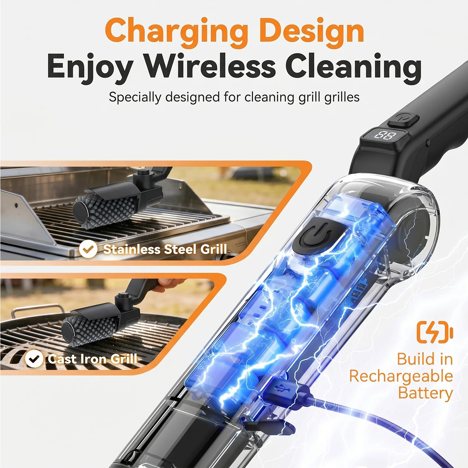 Cordless Electric Grill Brush 2 In 1 Rechargeable BBQ Grill Cleaner Spin