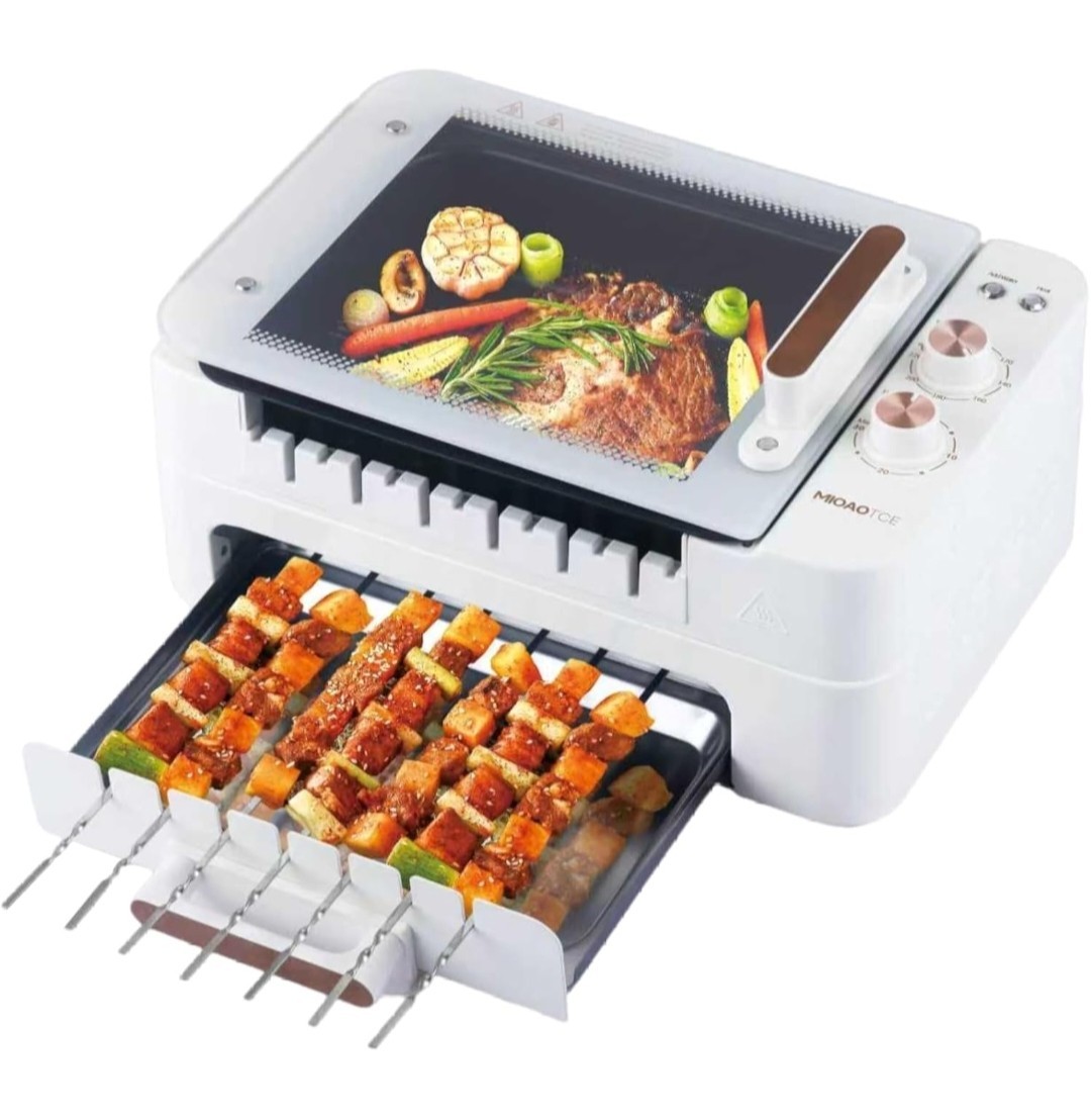 3-in-1 1000W Electric Indoor Grill, Rotating Skewer, Smokeless, 3 Modes