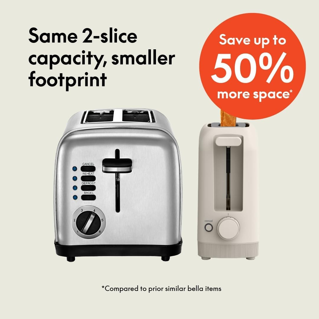 bella 2 Slice Slim Toaster, Fits-anywhere™ Kitchenware, 6 2 Slice, Oatmilk