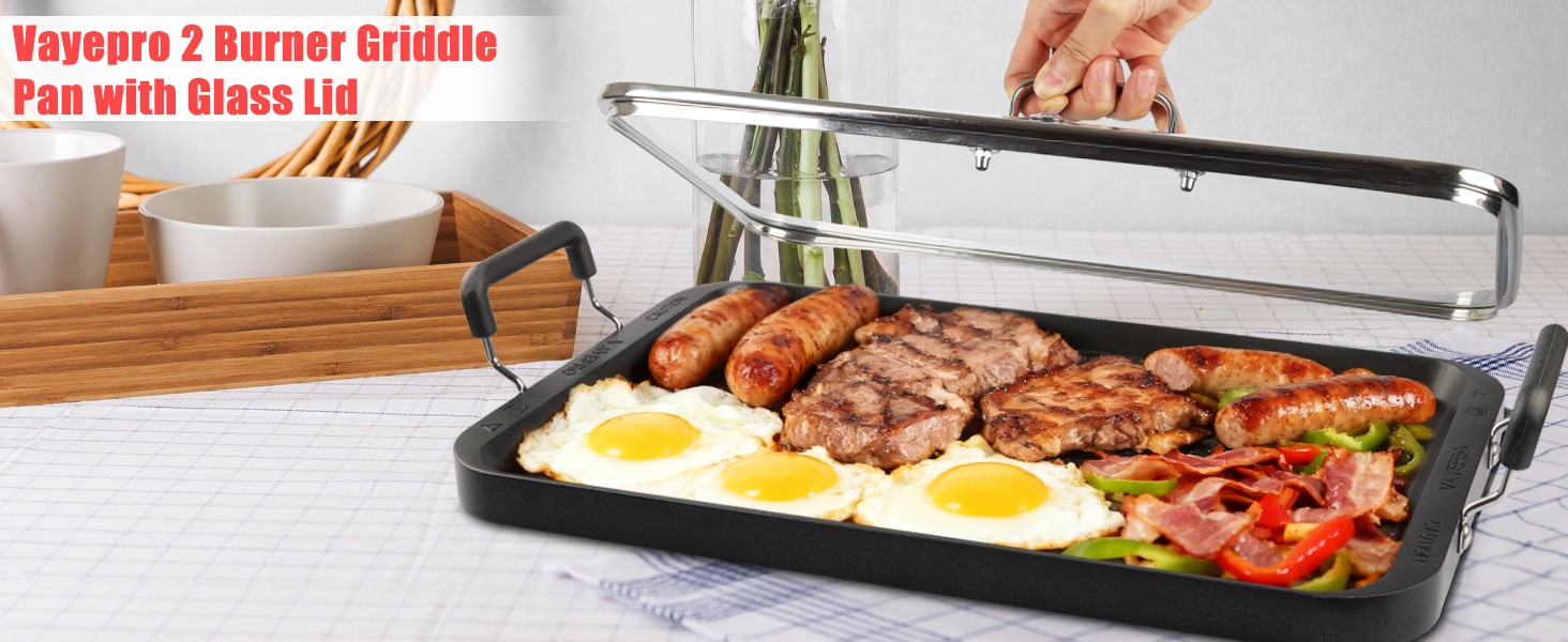 2-Burner Griddle Pan with Glass Lid – Nonstick Stovetop Griddle for Gas & Glass