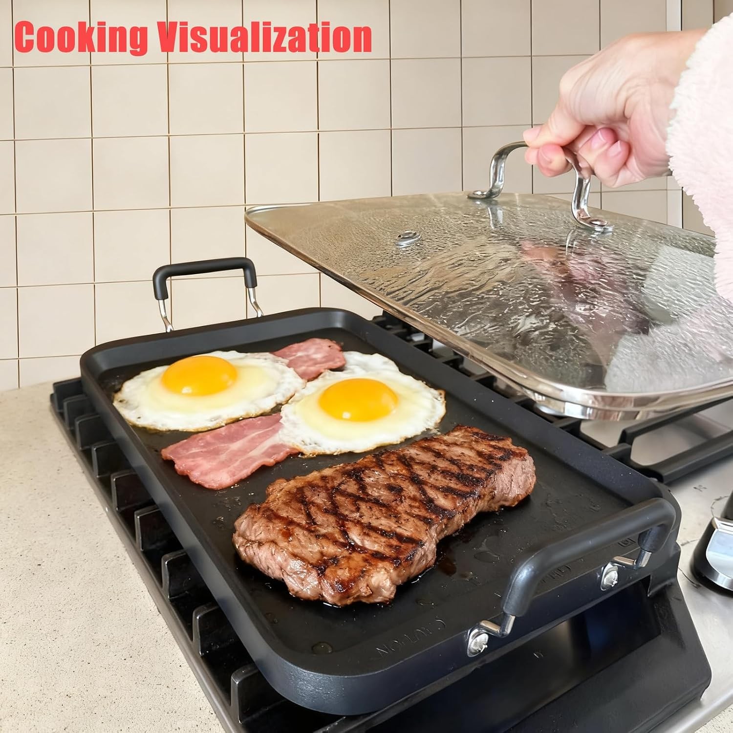 2-Burner Griddle Pan with Glass Lid – Nonstick Stovetop Griddle for Gas & Glass