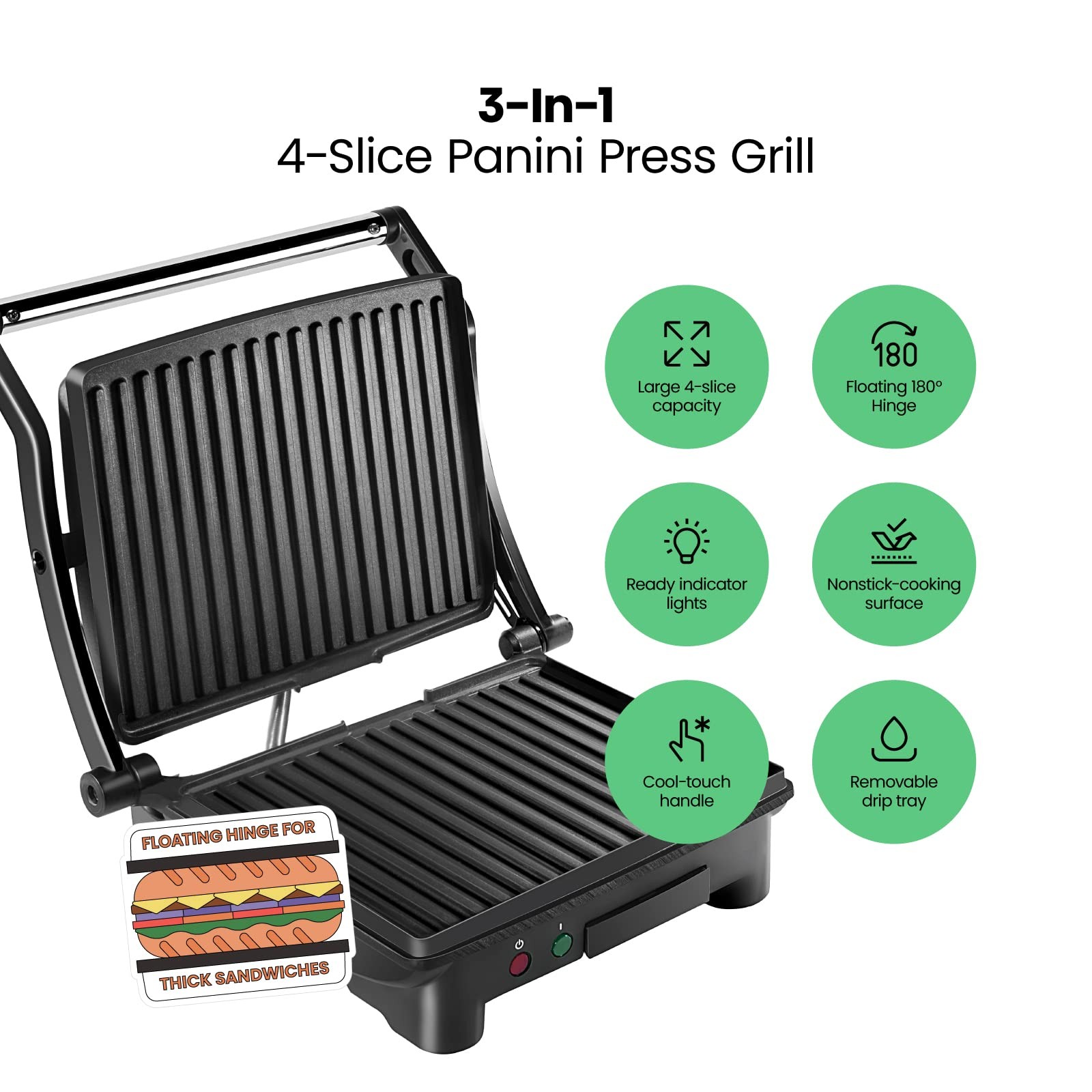 Panini Press Grill 4 Slice Black Non-Stick Plates Opens 180 Degrees Removable
