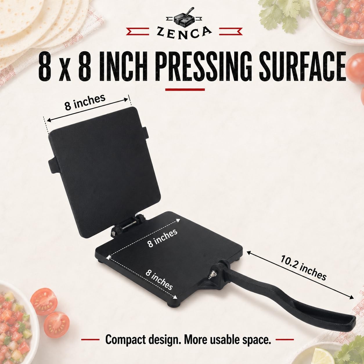 ZENCA 8-Inch Square Cast Iron Tortilla Press, Heavy-Duty 8 Inch, Black