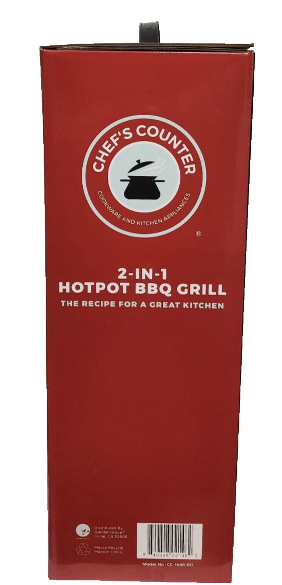 Chef’s Counter 2-in-1 Hotpot Electric BBQ Grill New In Box Model CC-1688-RD