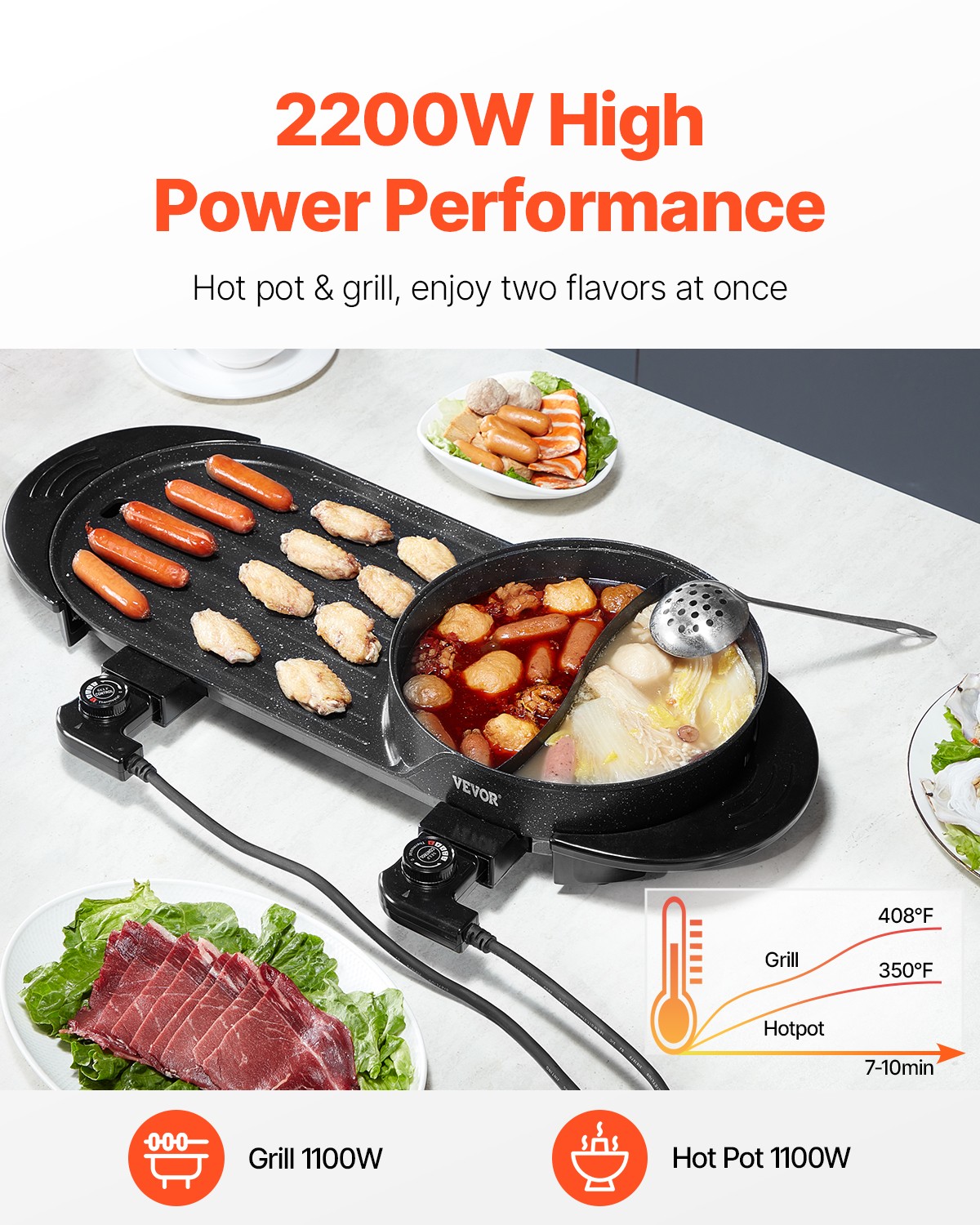 VEVOR Hot Pot with Grill 2200W 2-in-1 Electric Smokeless Grill Hot Pot for 1-6