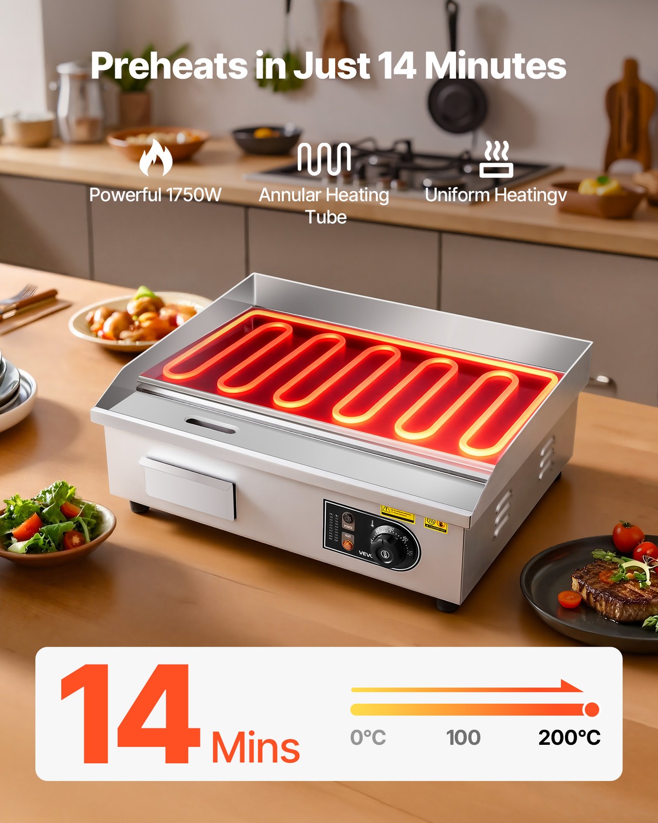 VEVOR Commercial Electric Griddle Countertop Flat Top Grill 21 x 11.8 in 1750W