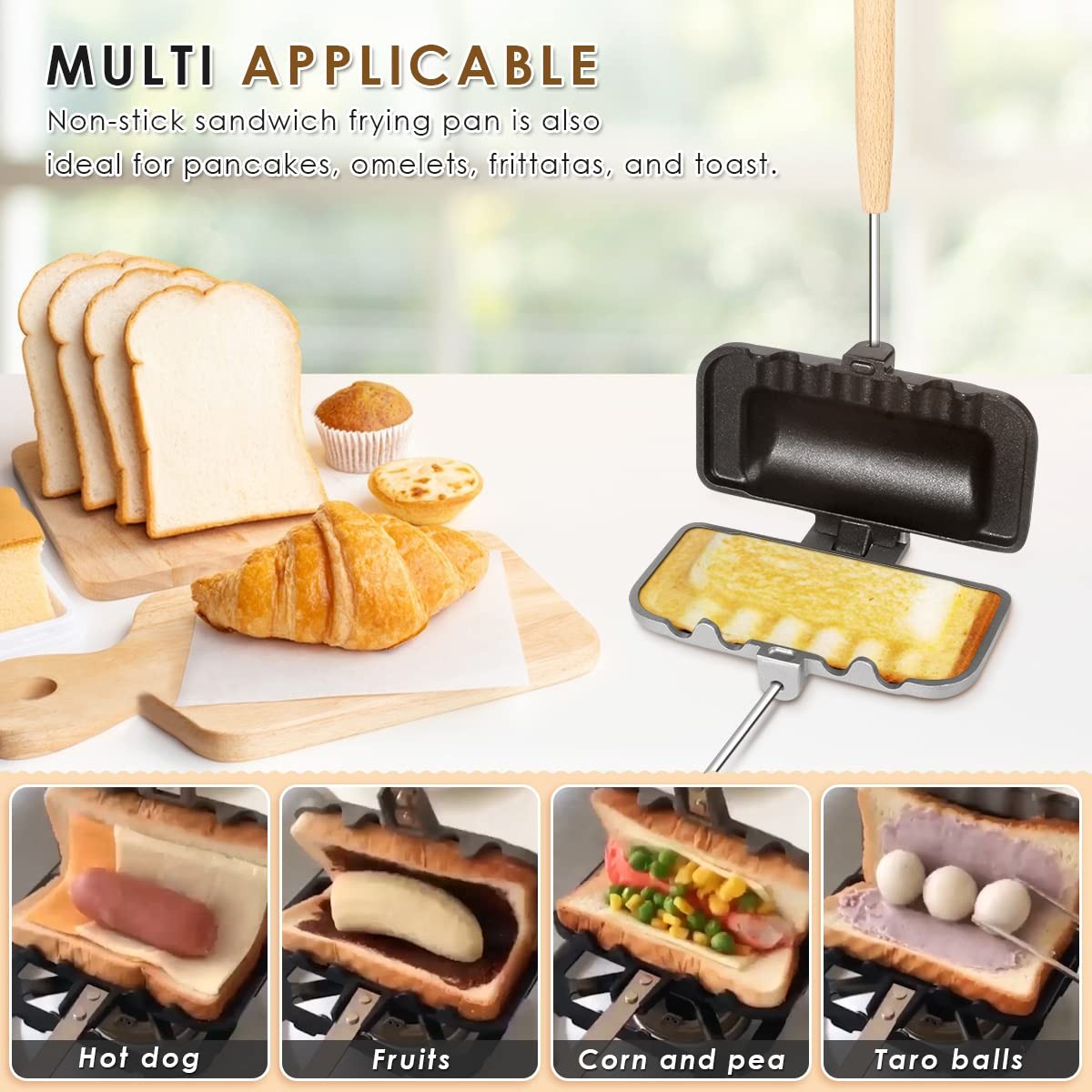 4W1H Sandwich Maker – Stove Top Hot Dog & Panini Press, Double-Sided Non-Stick F