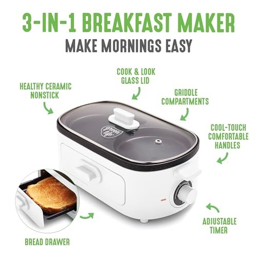 GreenLife 3-in-1 Breakfast Maker Station, Healthy Ceramic Nonstick Dual Gridd…