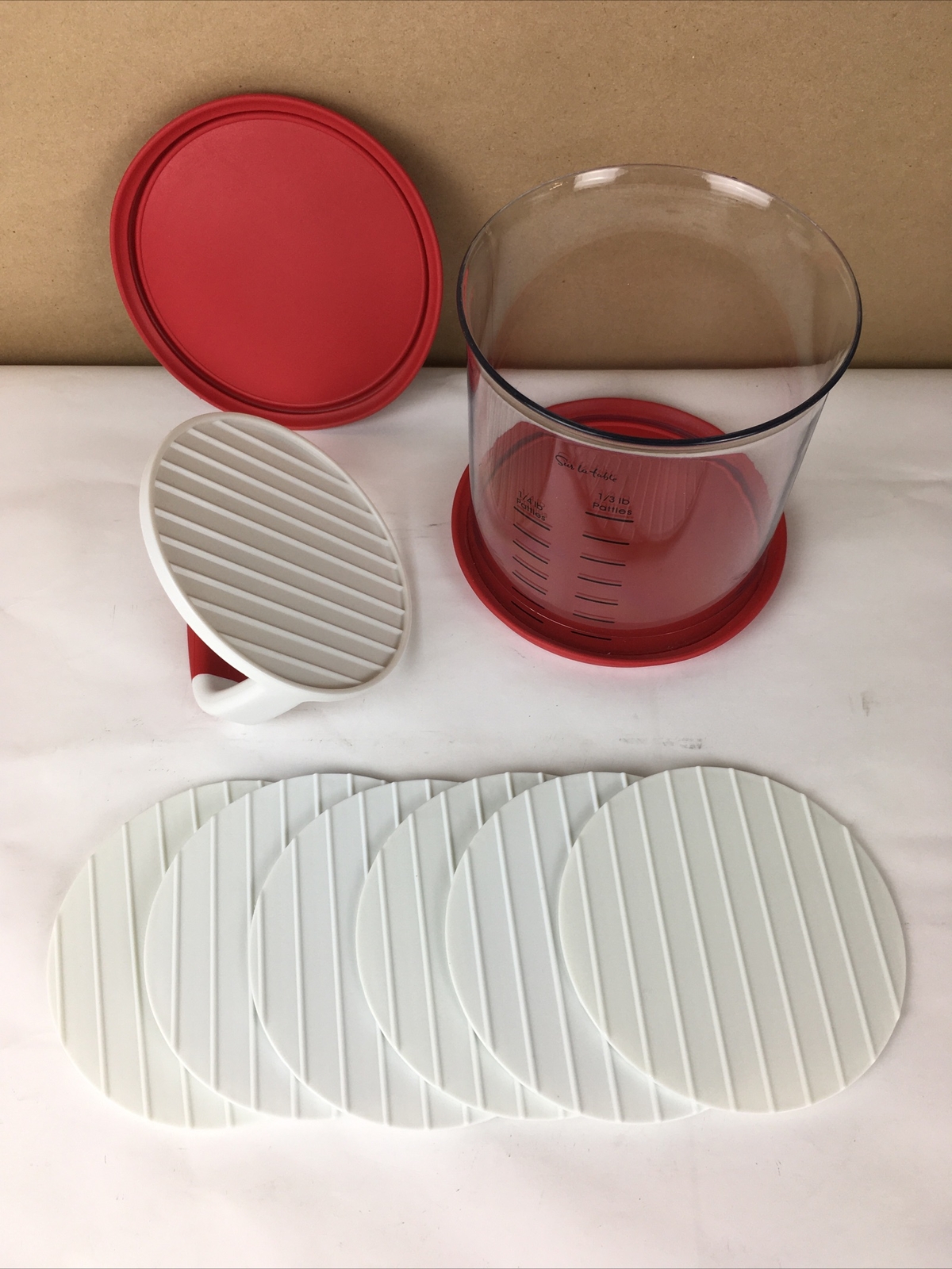 Sur La Table Hamburger Press & Storage Container 1/3 & 1/4 Lb Patty Markers