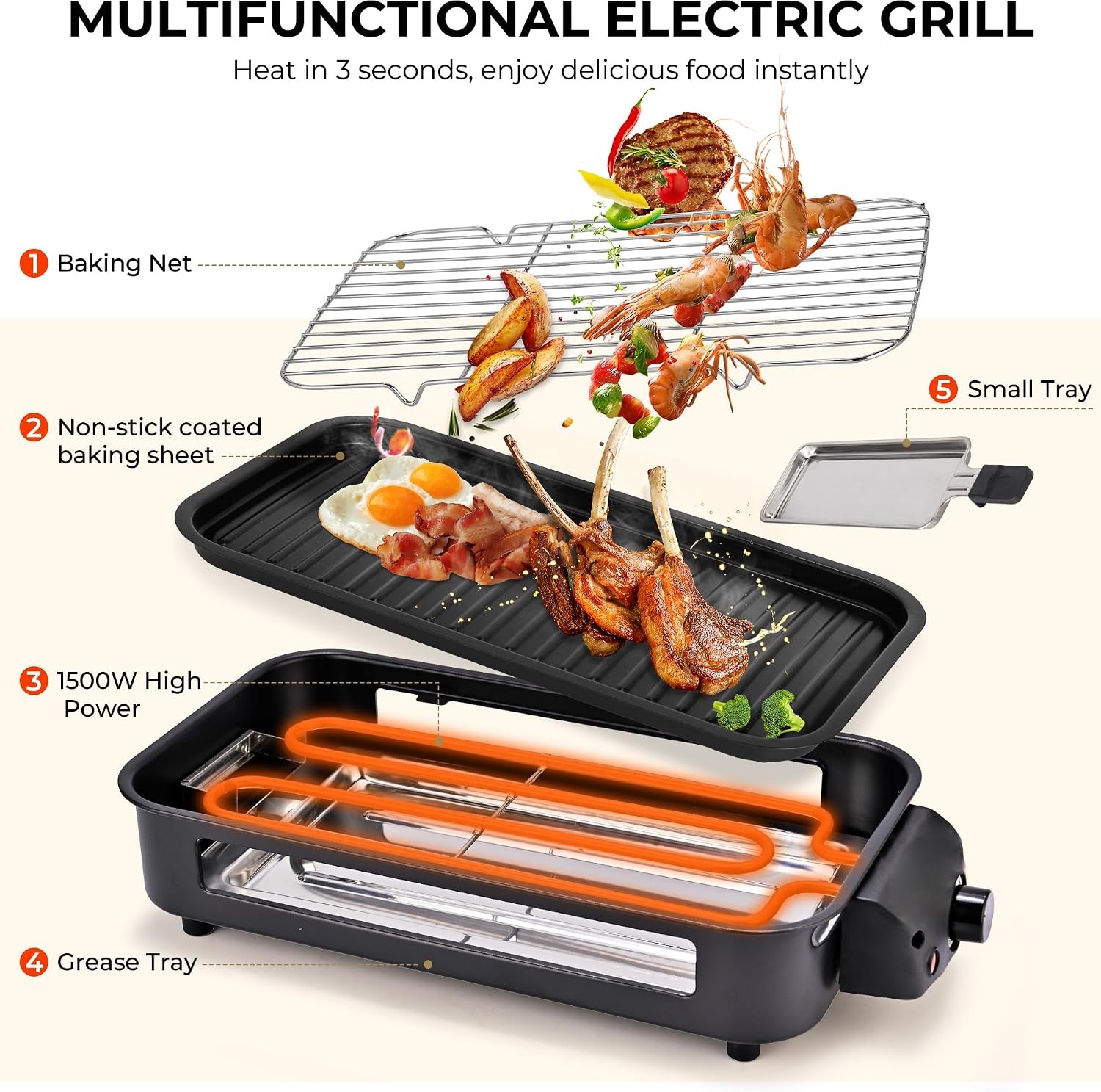 2 in1 Electric Indoor Grills Kitchen Smokeless Grill Net Cooking Removable Plate