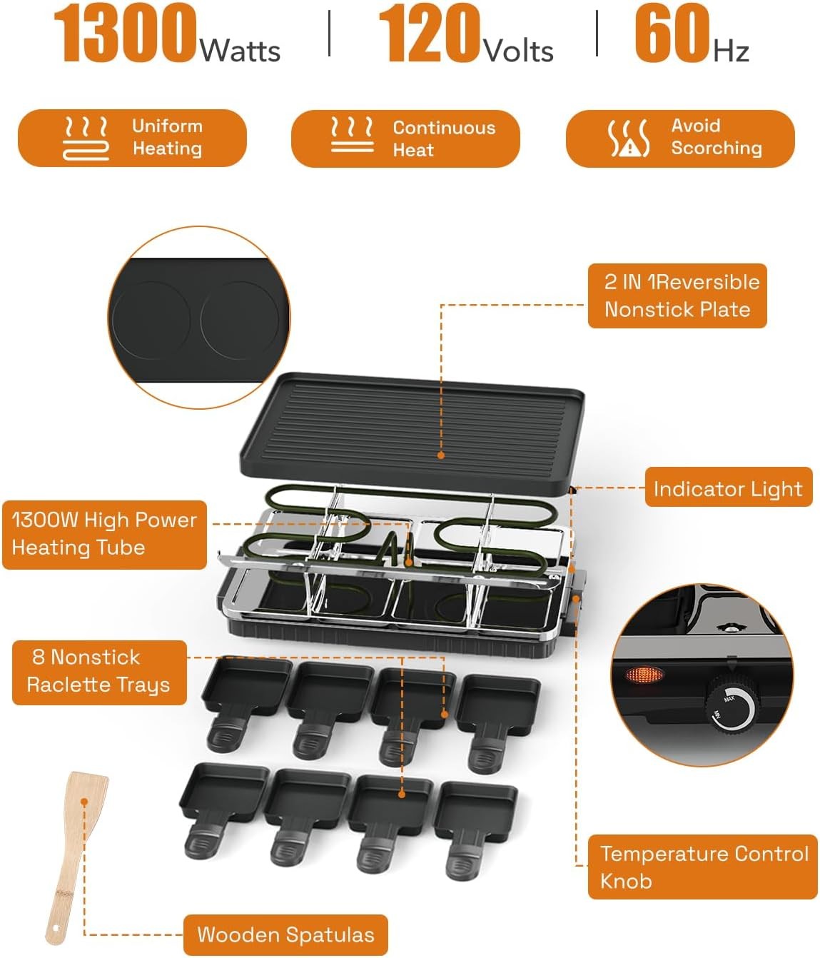 Electric Raclette Table Grill W/ 8 Warming Trays 2-in-1 Korean BBQ Grill