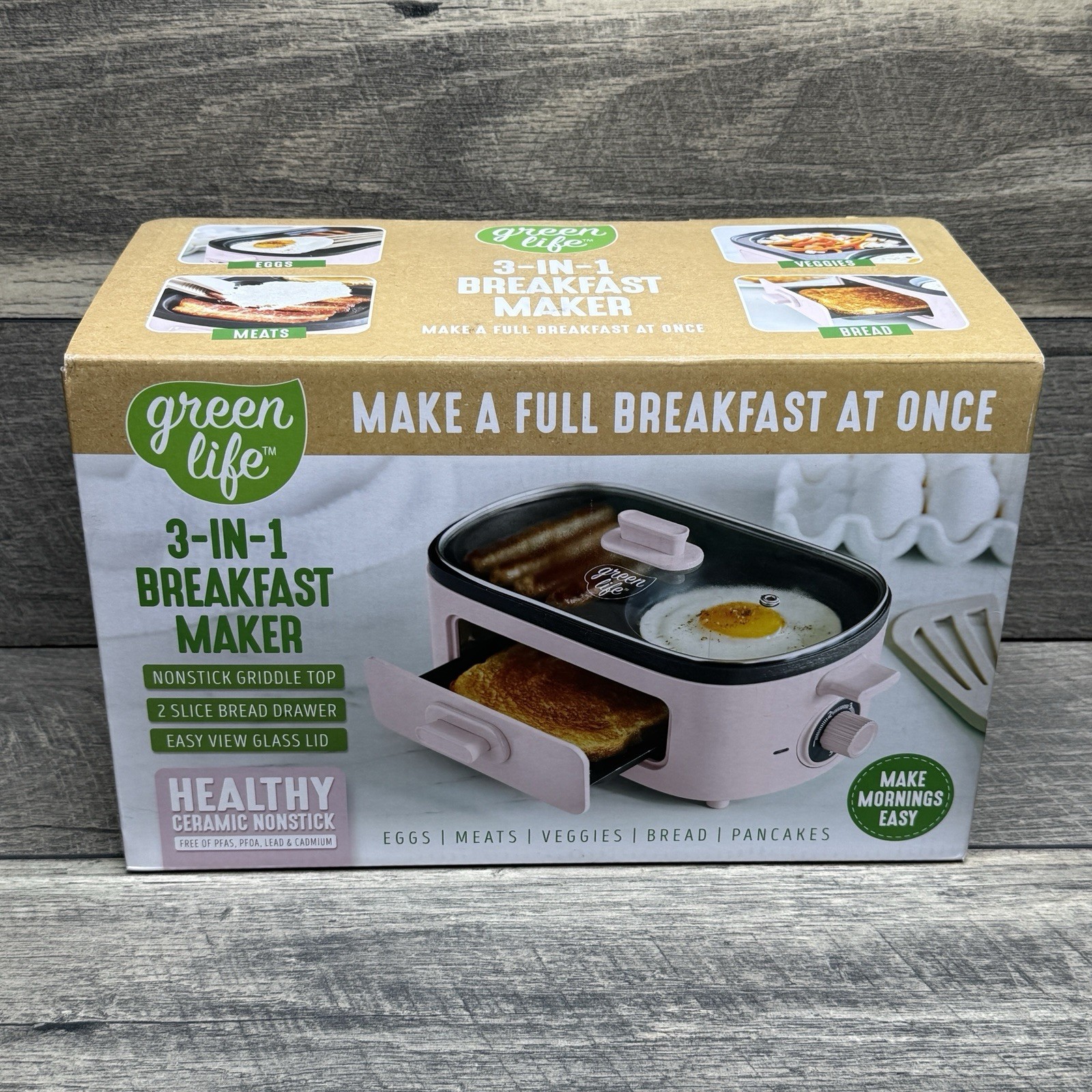 GreenLife 3-in-1 Breakfast Maker Station Nonstick Griddle Top Bread Drawer Pink