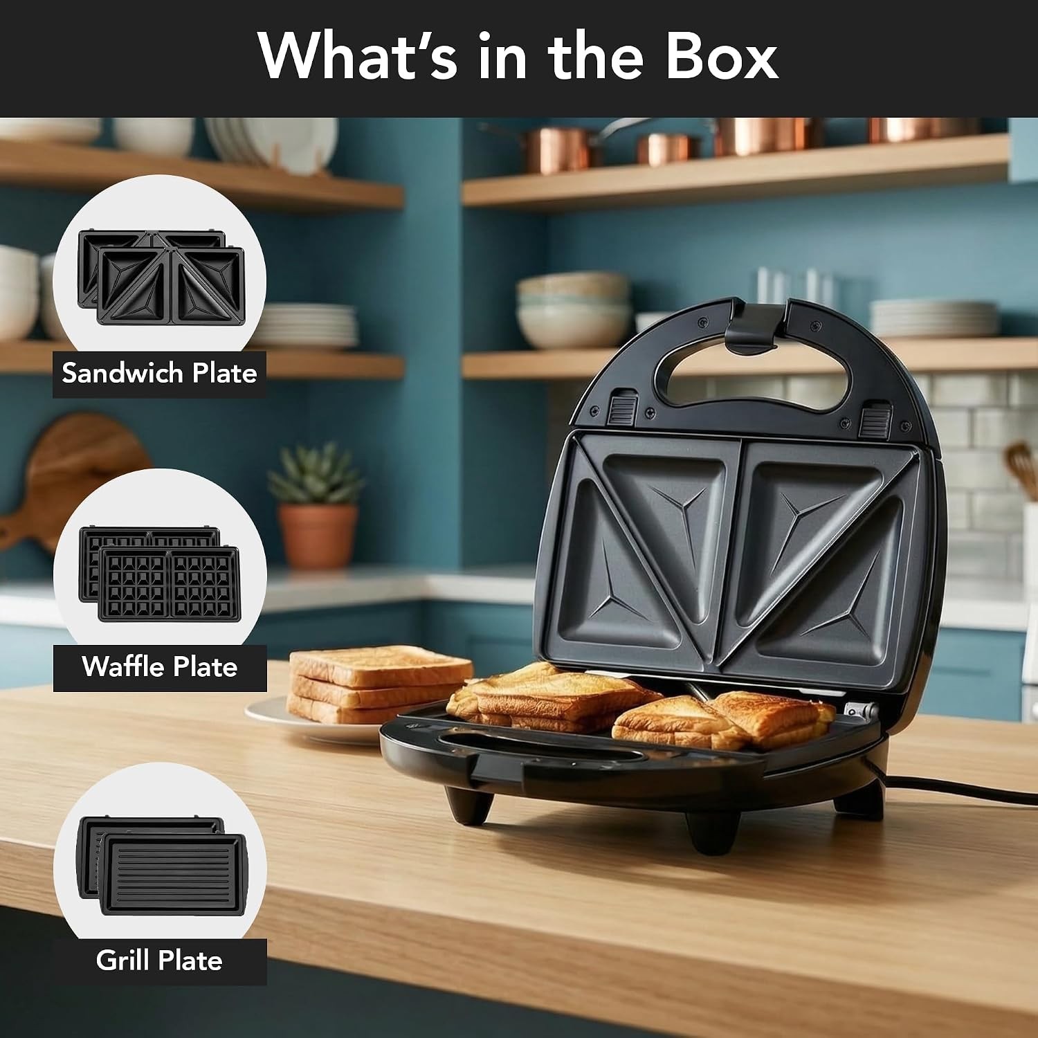 750 Watts Versatile Sandwich Maker & Waffle Iron with Cool-Touch Handle – Black