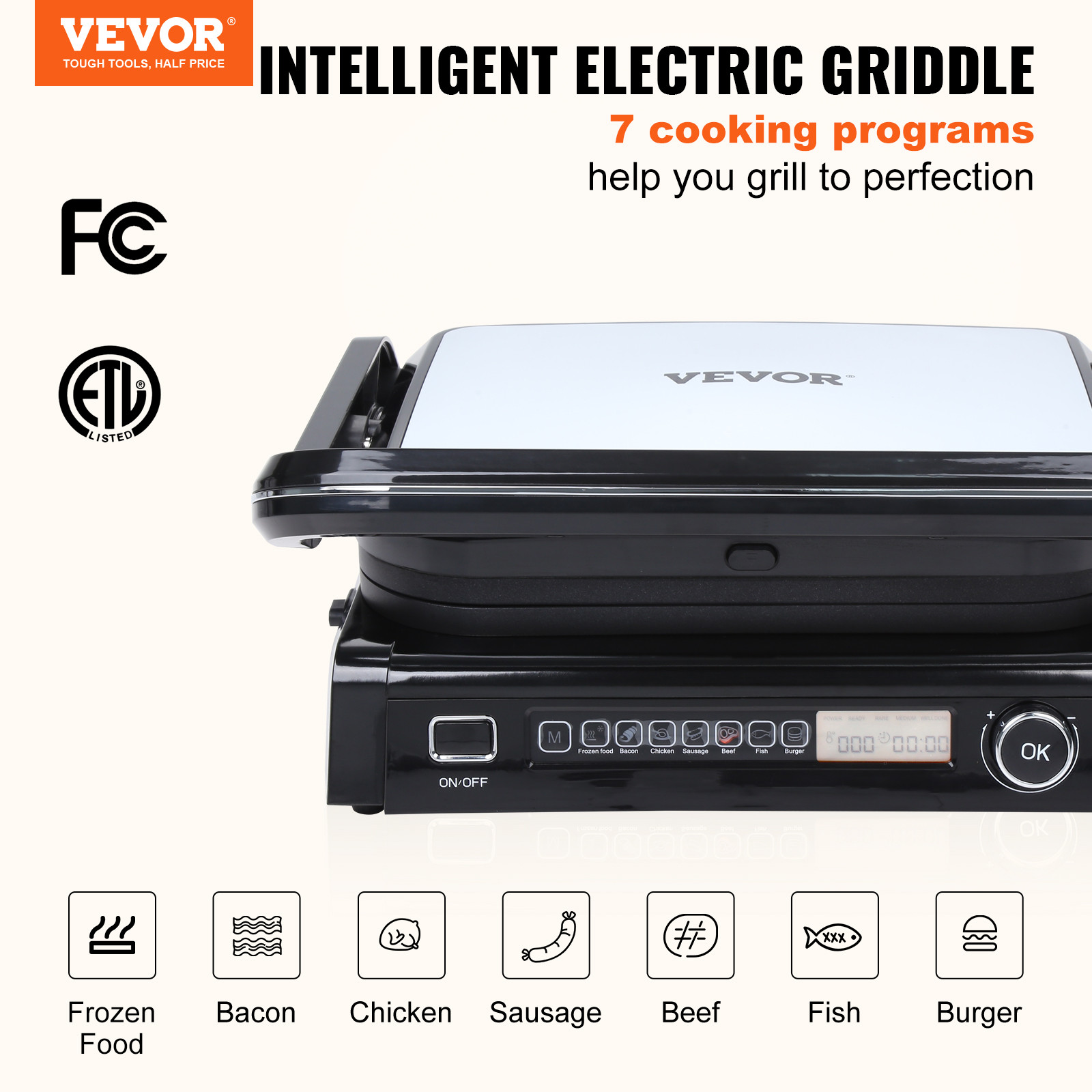 VEVOR 1800W 14.4″ Commercial Electric Countertop Griddle Hot Plate BBQ Grill