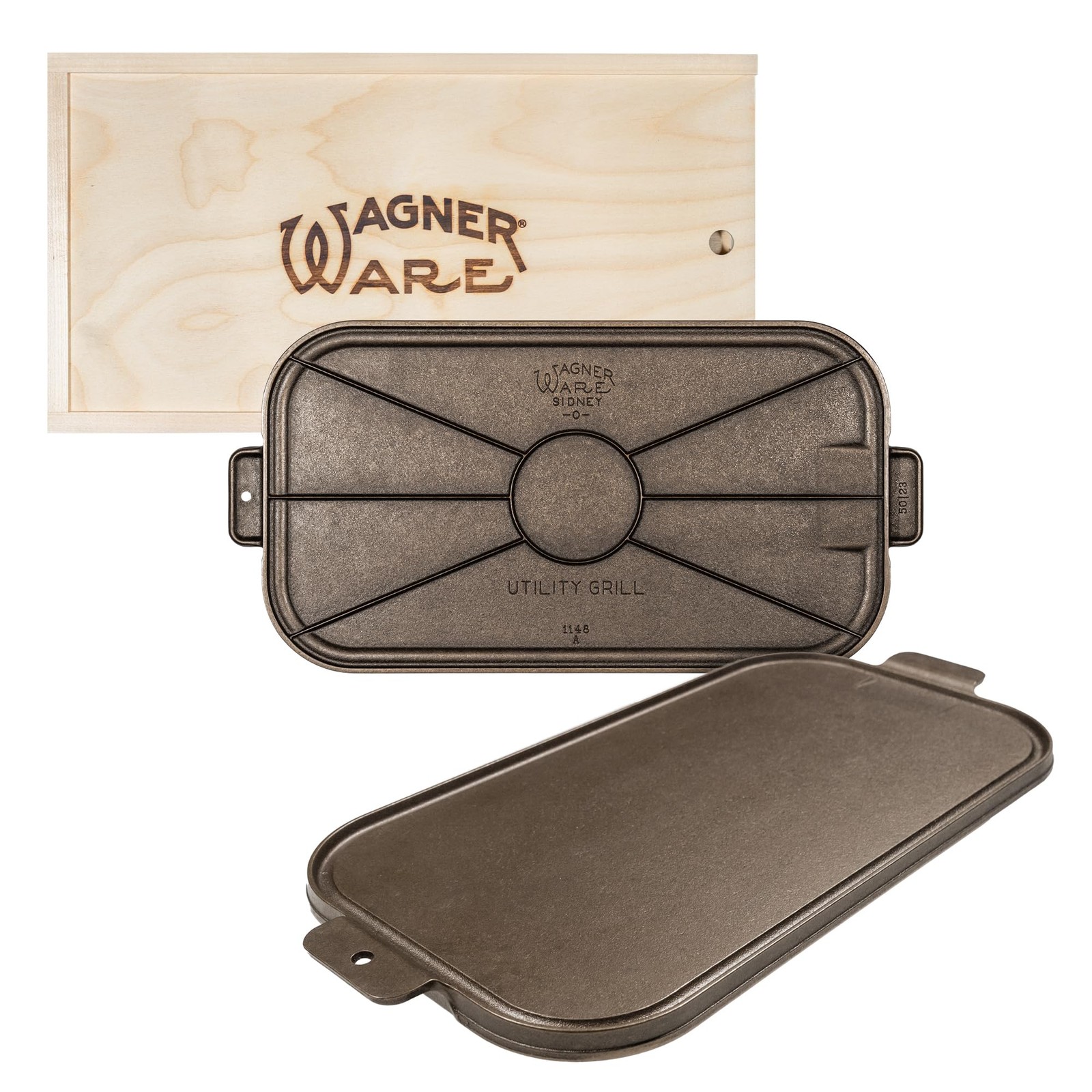 Wagner Cast Iron Griddle – 1950 Vintage Reissue in Wooden Box – Double Burner…