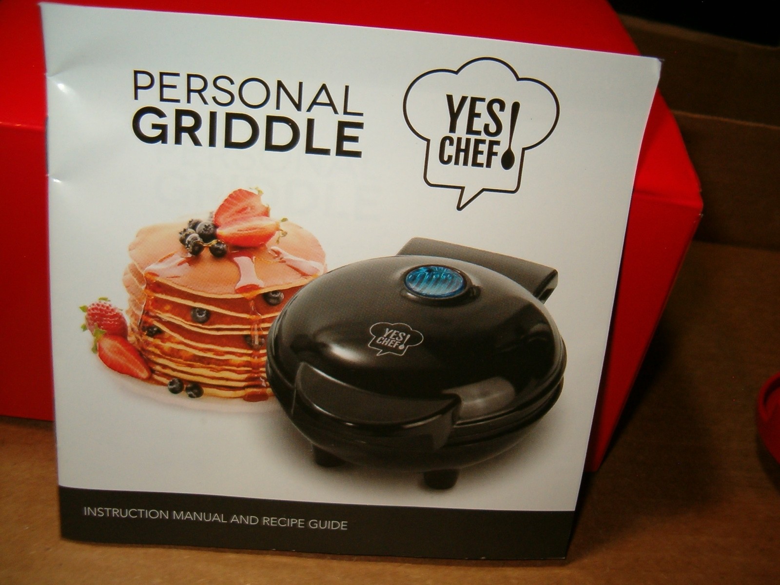Yes Chef! Personal Mini Griddle w Instructional Manual & Recipe Guide, Red W/Box