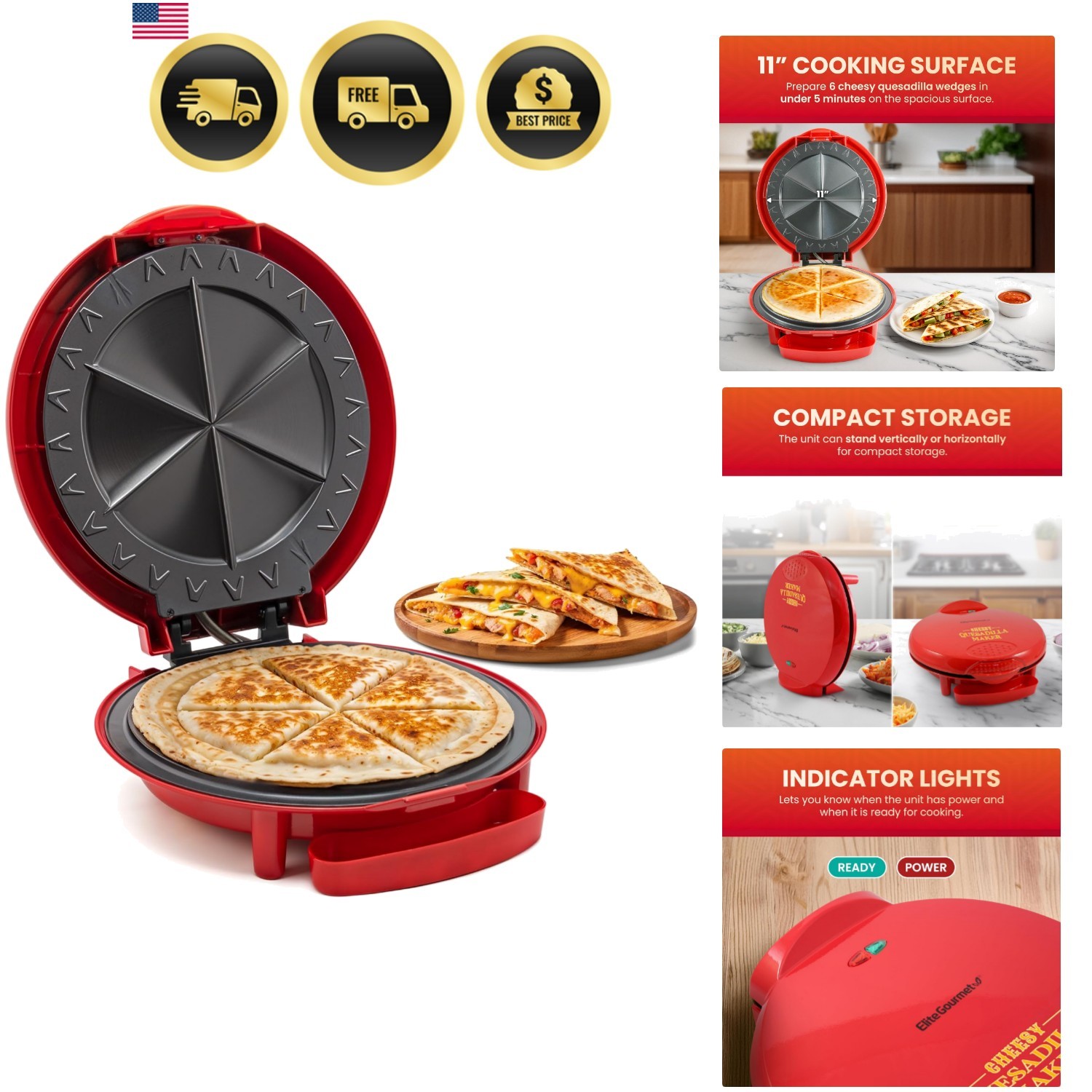 EQD-118 Electric Non-Stick 11″ Quesadilla Maker, Easy-Slice 6-Wedge, Grilled …