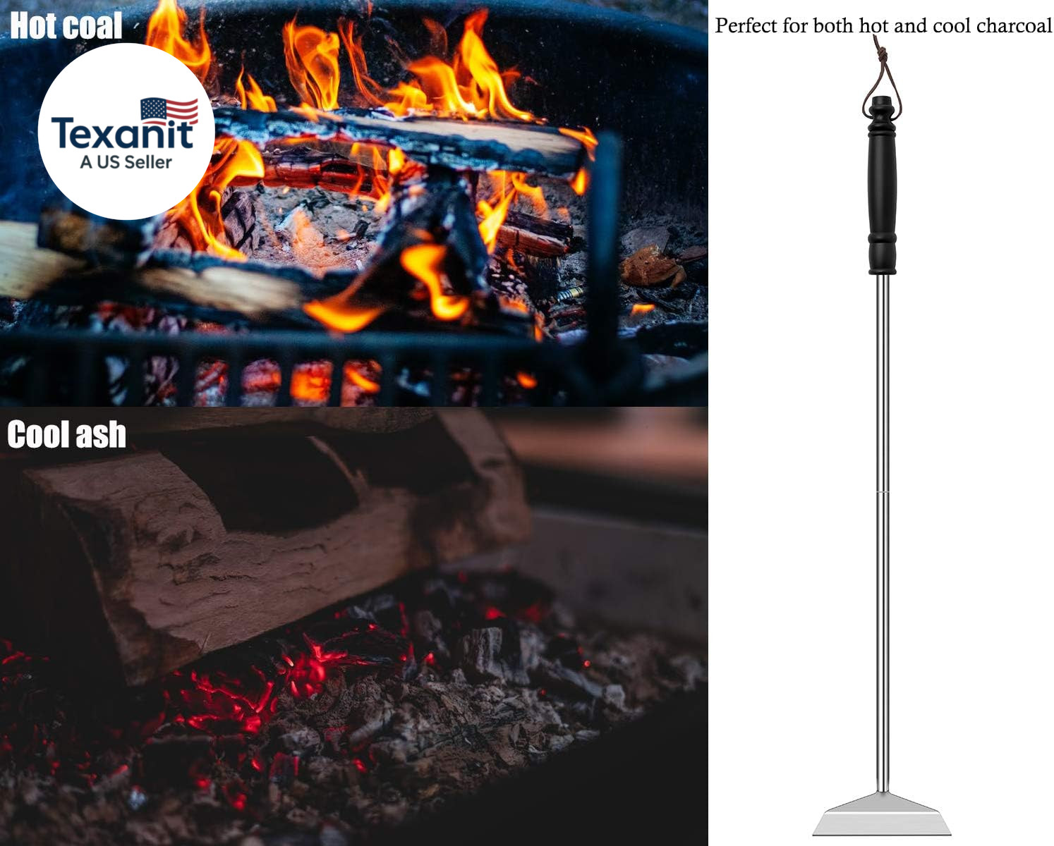 Charcoal Grill Ash Rake Hoe for Fireplace Wood Stove Pizza Oven, Stainless Steel