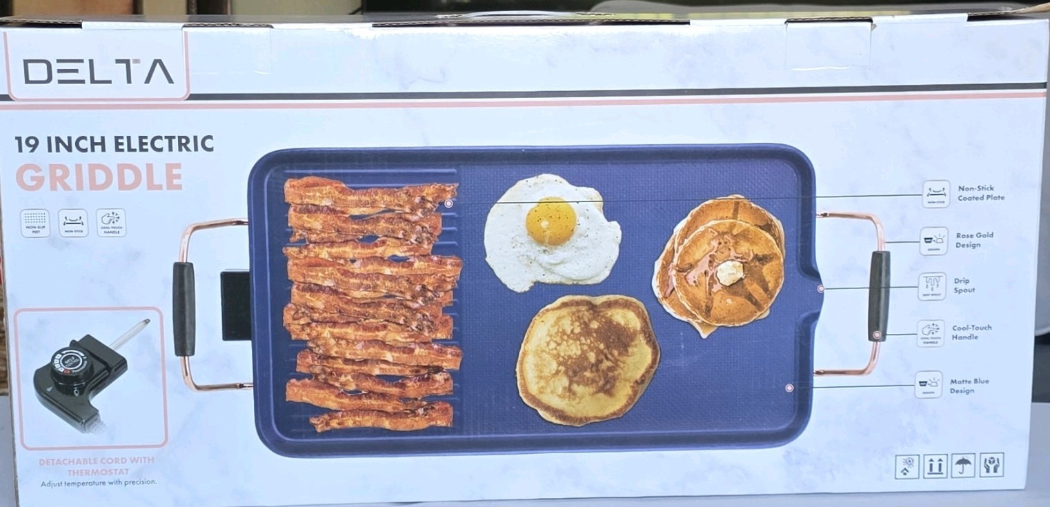 Delta 19in Electric Griddle Grill DT-1013/BLU 1400W Blue Rose Gold Non-Stick