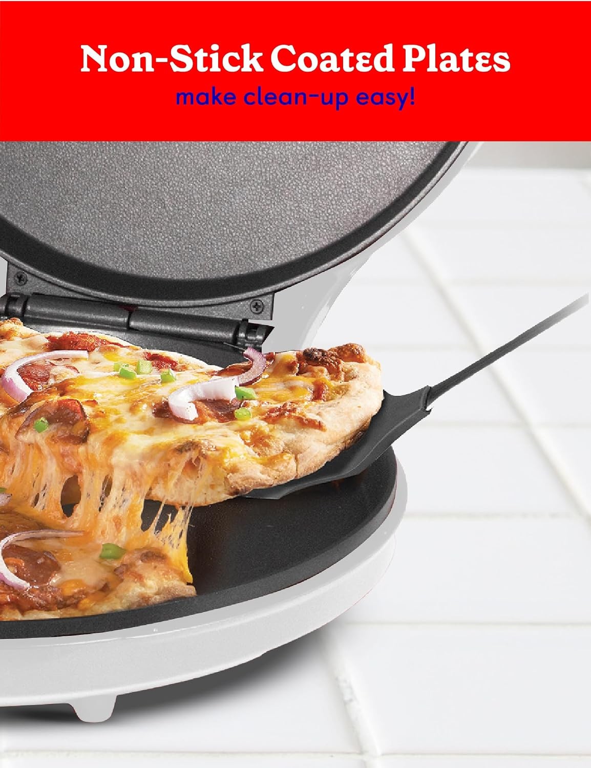 Pizza Maker Plus, 12″ Indoor Grill, 1440W, BC-2958CW, White | Nonstick Griddle