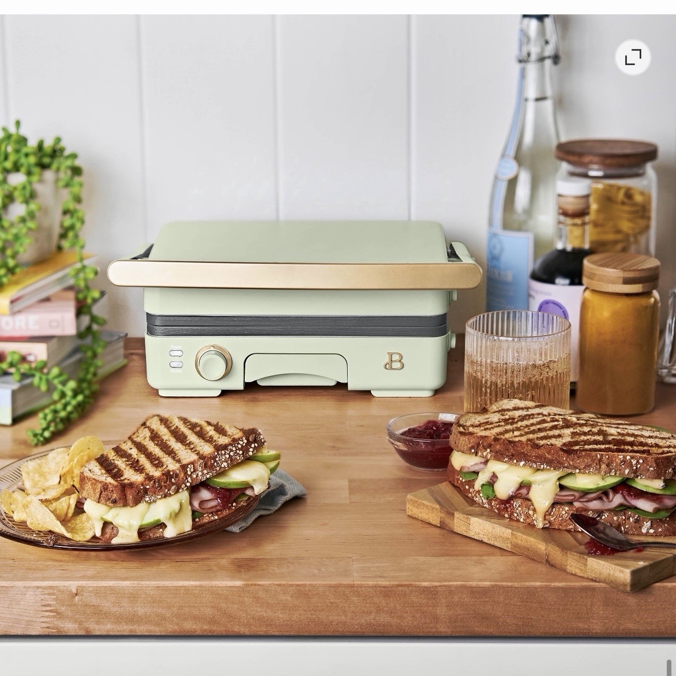 Beautiful 2-in-1 Panini Press Grill Sage Green Drew Barrymore Nonstick