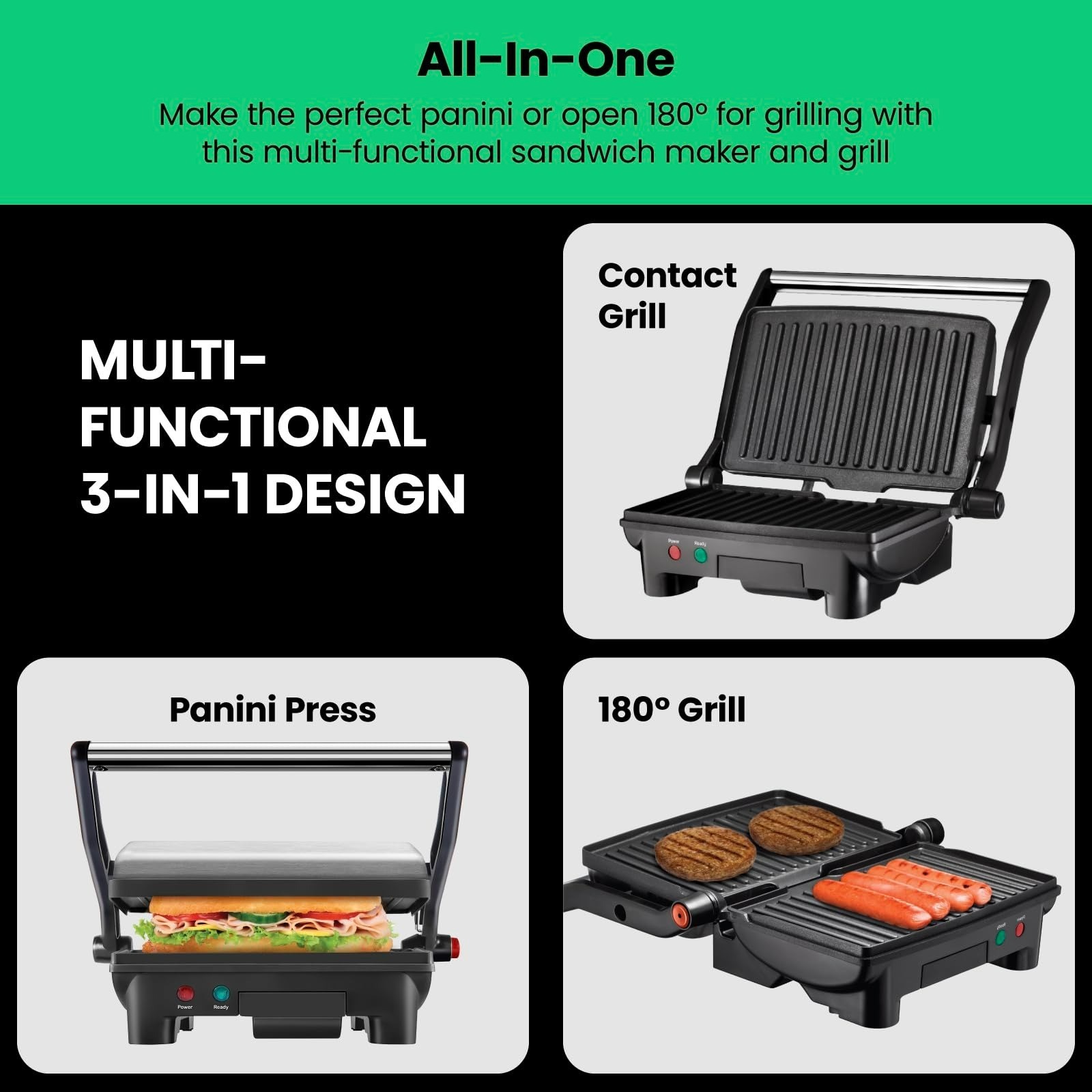 Chefman Electric Panini Press Grill, Compact 2-Slice Sandwich Maker