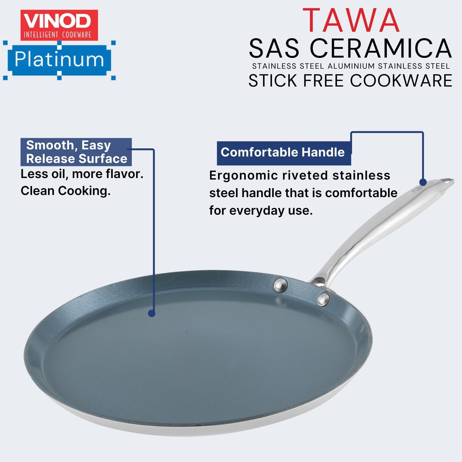 Vinod SAS Ceramic Triply Non Stick Dosa Tawa Induction Gas Metal Safe Pan