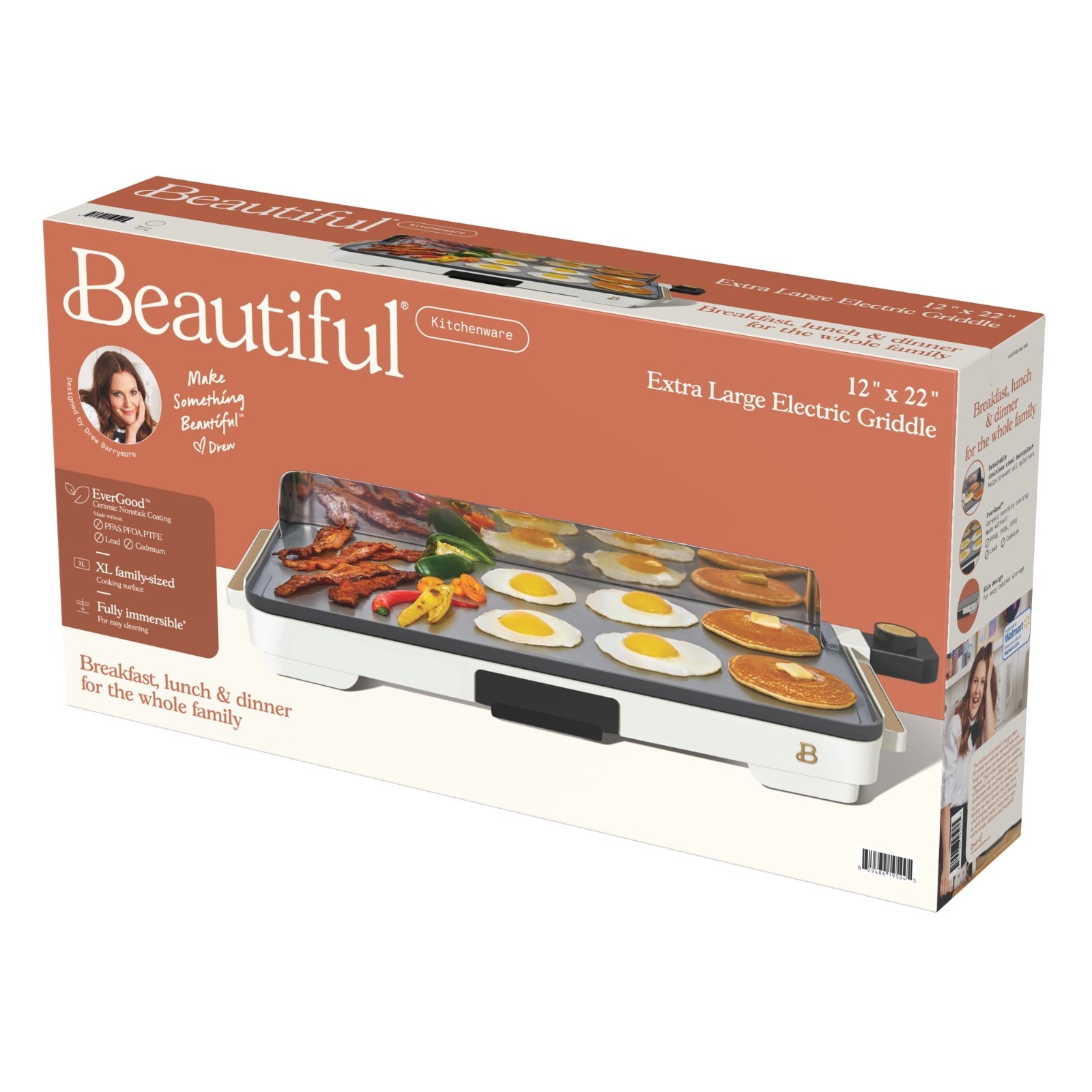 Beautiful XL Electric Griddle 12″ x 22″ Non-stick, White Icing by Drew Barrymore