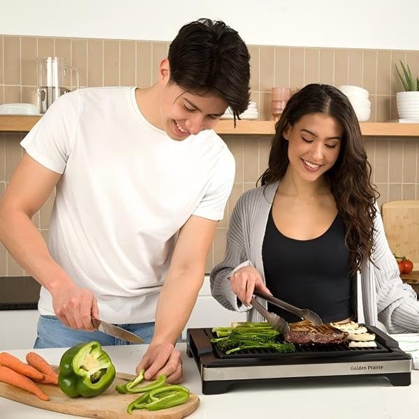 1600W Electric Smokeless Indoor BBQ Grill 15 Inch Nonstick Grate Drip Tray