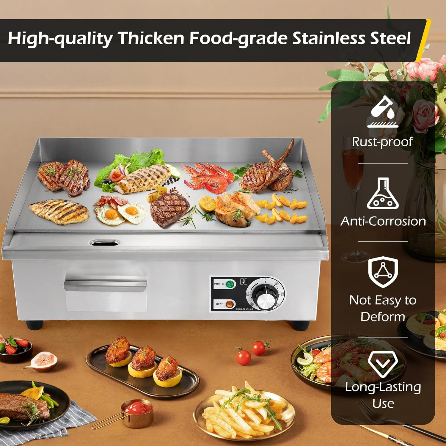 Commercial Electric Griddle 22” Flat Top Grill Countertop 3000W Stainless Steel
