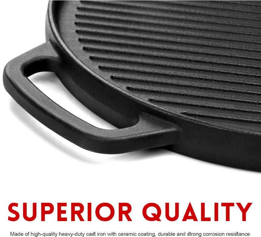 Plancha Reversible Hierro Fundido 12” para Cocina Parrilla Gas y Camping