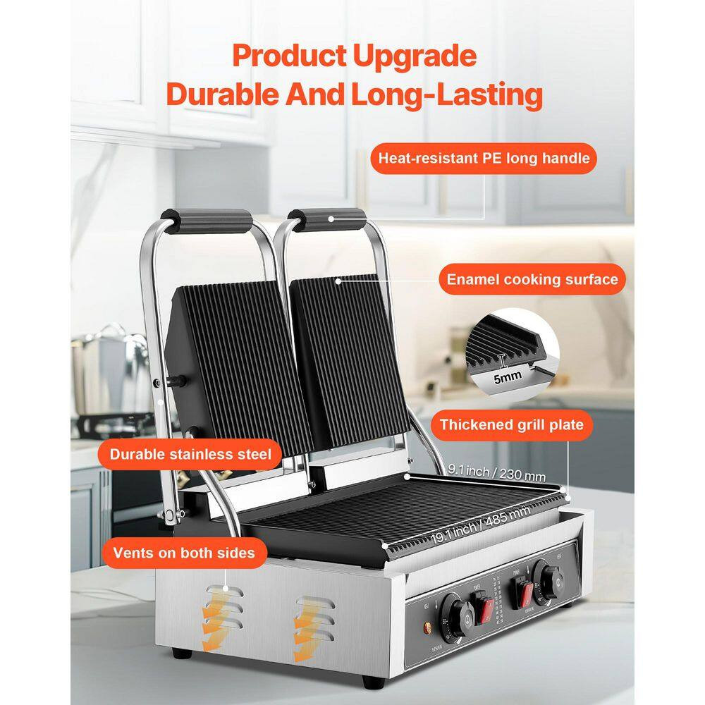 3,600 W Commercial Panini Grill, Electric Sandwich Maker, Stainless Steel Double