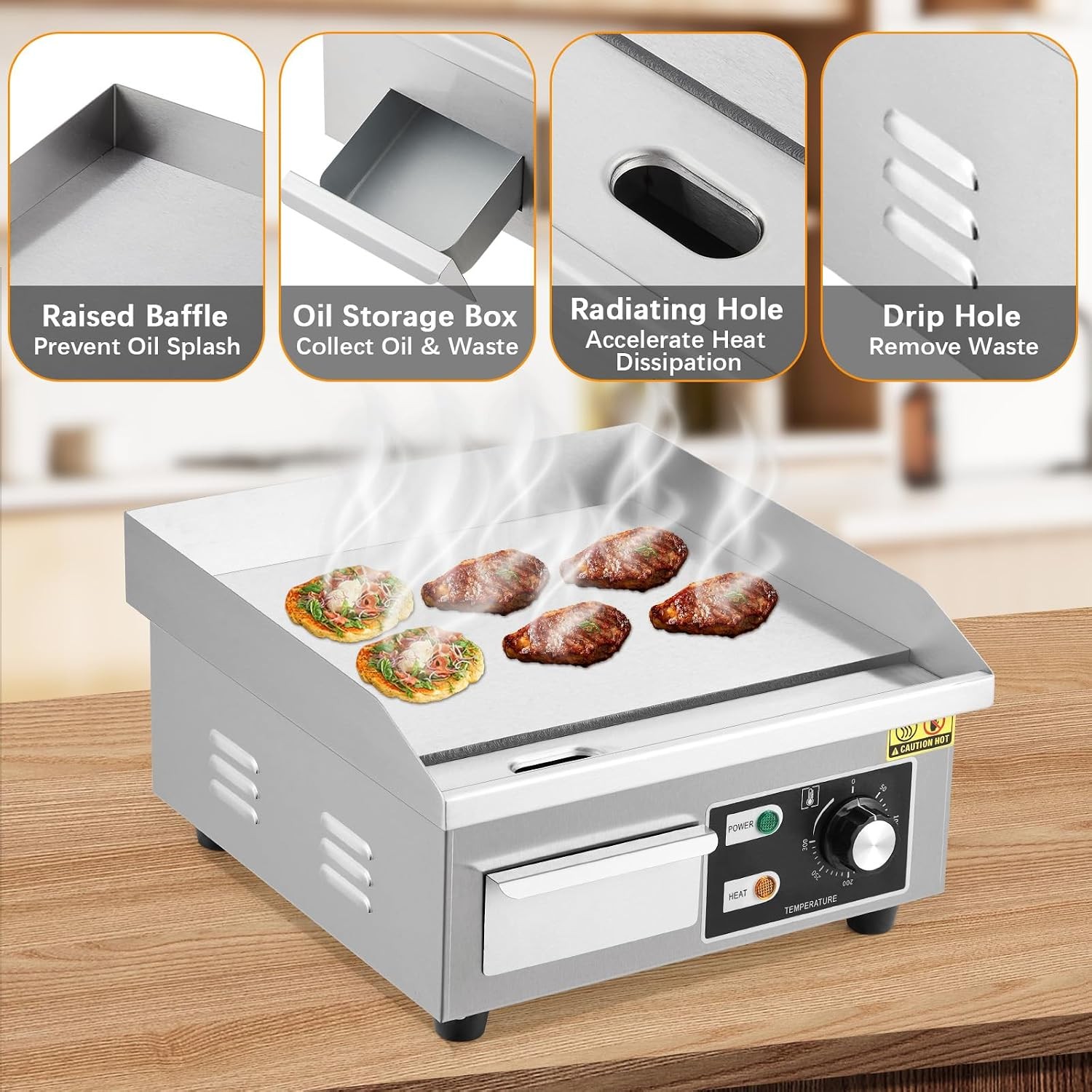 Commercial Electric Griddle 14 Inch – 1500W Stainless Steel Non-Stick Flat Top