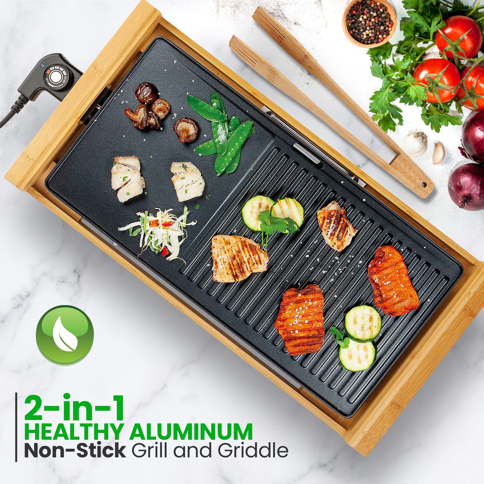 NutriChef 2 In 1 Grill & Griddle, Smokeless Nonstick, Wooden Thong, 250-460°F