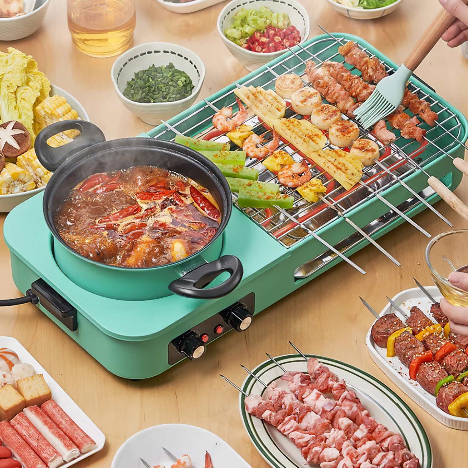 3 in 1 Electric Hot Pot with Grill 1600W Smokeless Non-Stick Korean BBQ Grill