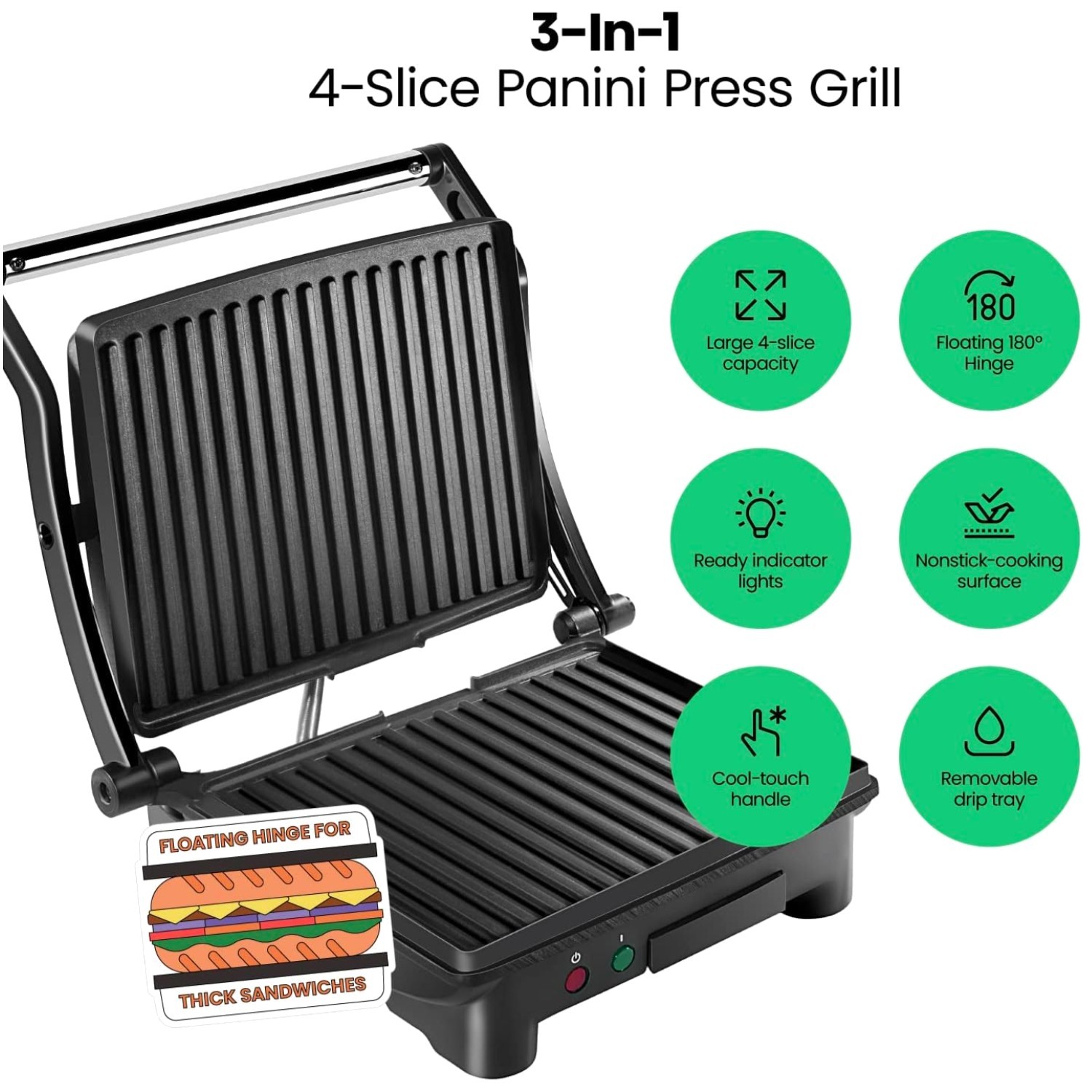 Adjustable Panini Press & Grill, Compact Size, Black Finish