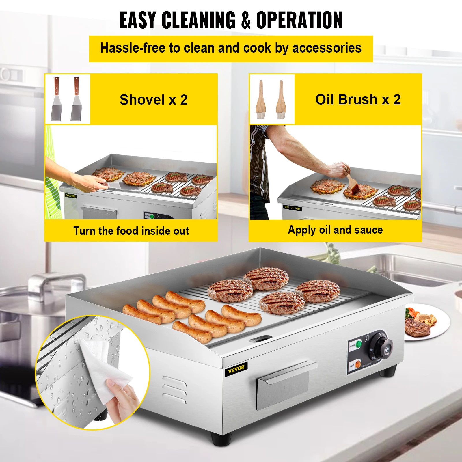 14″-22″ Electric Countertop Griddle 1600W/3200W Stainless Steel Teppanyaki Grill