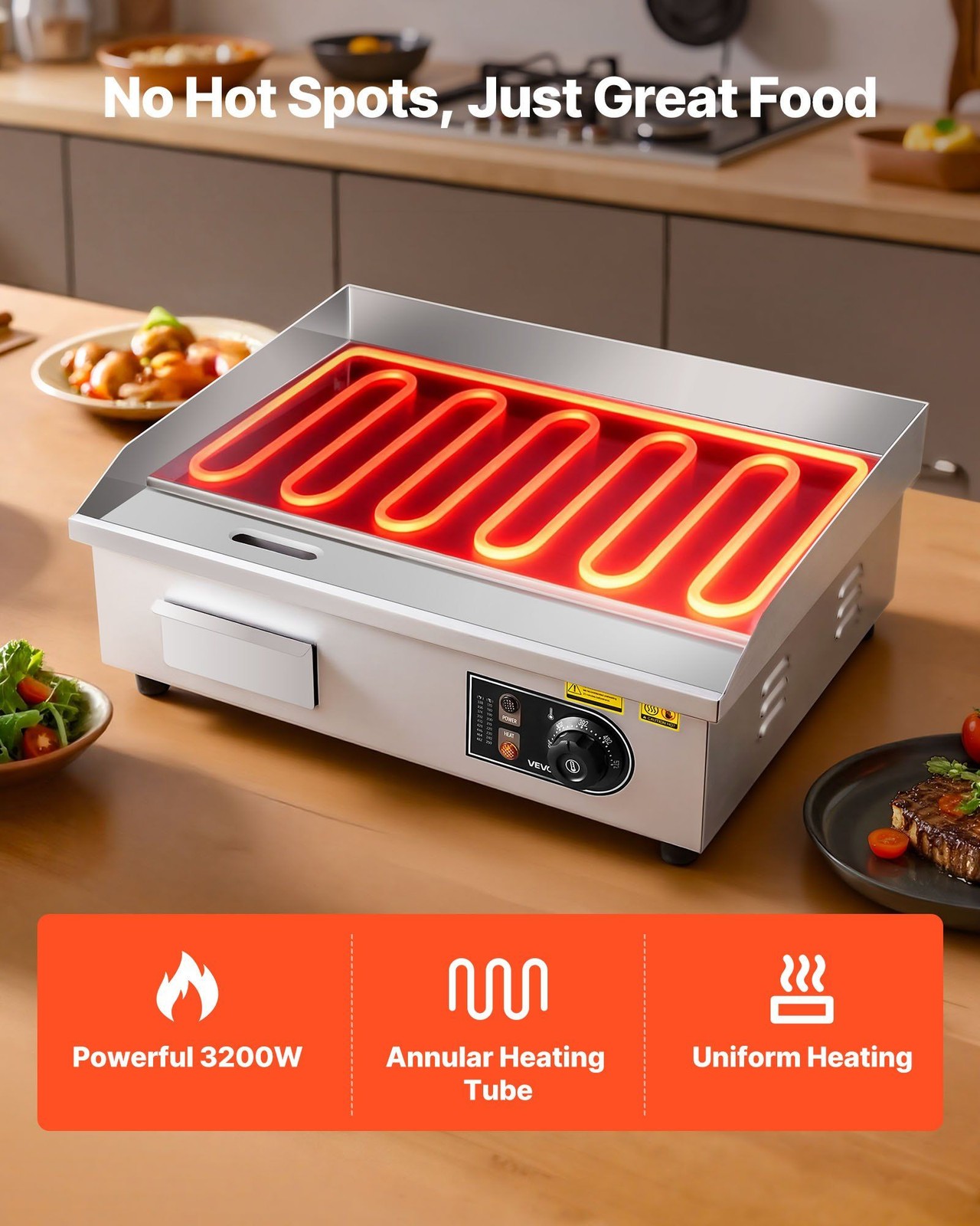 Commercial Griddle 3200W, Stainless Steel, 21″x12″ Surface, Wide Temp Range