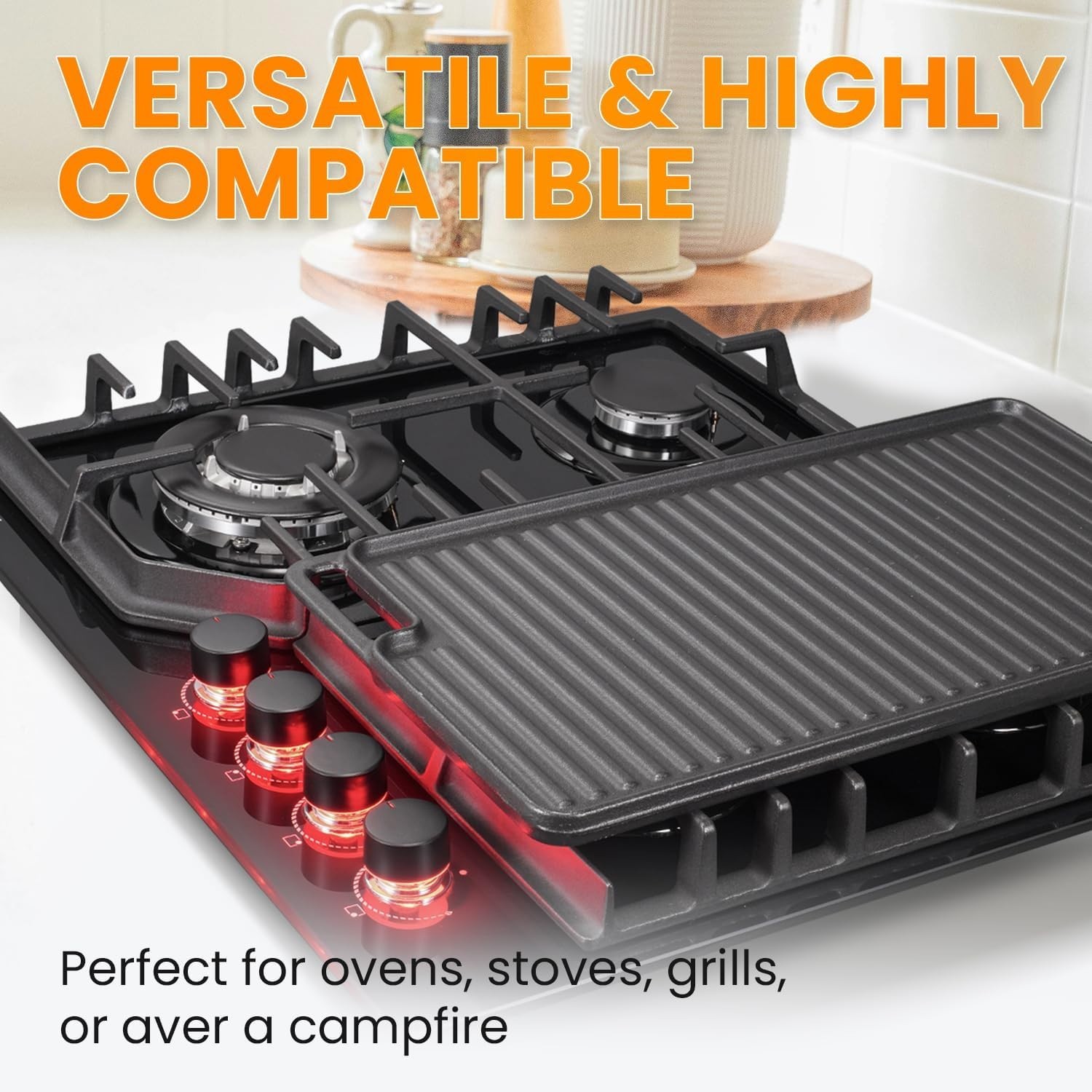 Reversible Grill/Griddle with Handles, 18″x10″ Pre-Seasoned Cast Iron Griddle…