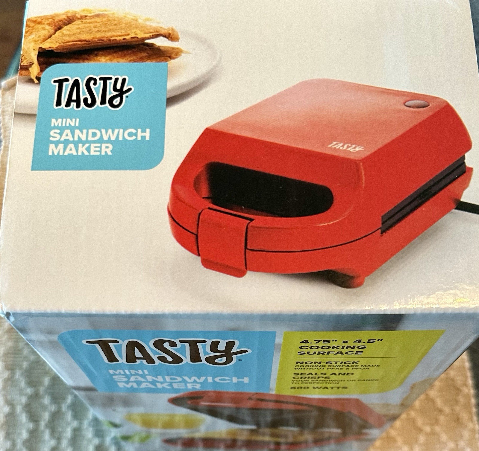 Tasty Mini Sandwich Maker Red Non-Stick Easy Clean Brand New, Seals and Crisps