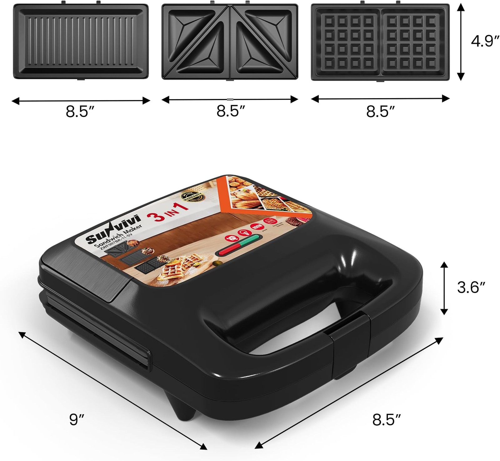 3 in 1 Electric Sandwich Maker with Removable Nonstick Plates – 800W,Black | …