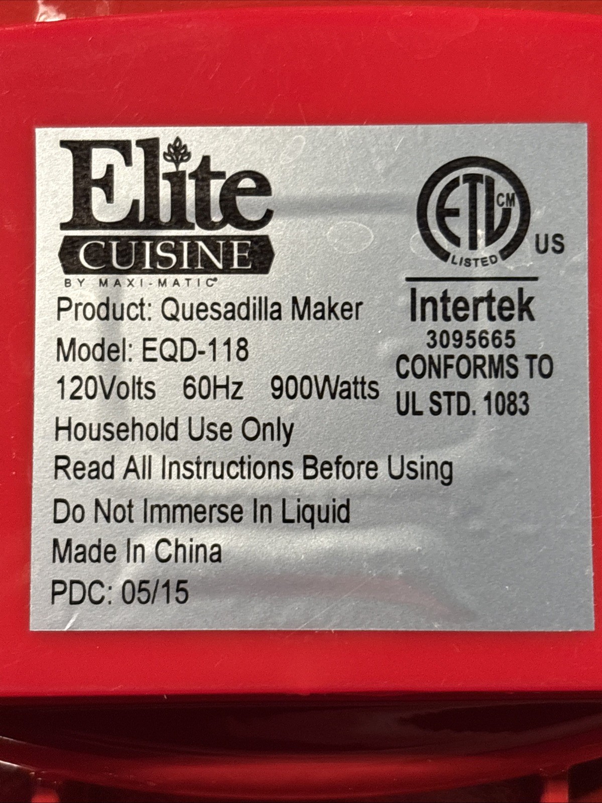 Elite Cuisine 11″ Fiesta Quesadilla Maker Red Model EQD-118 Tested Works