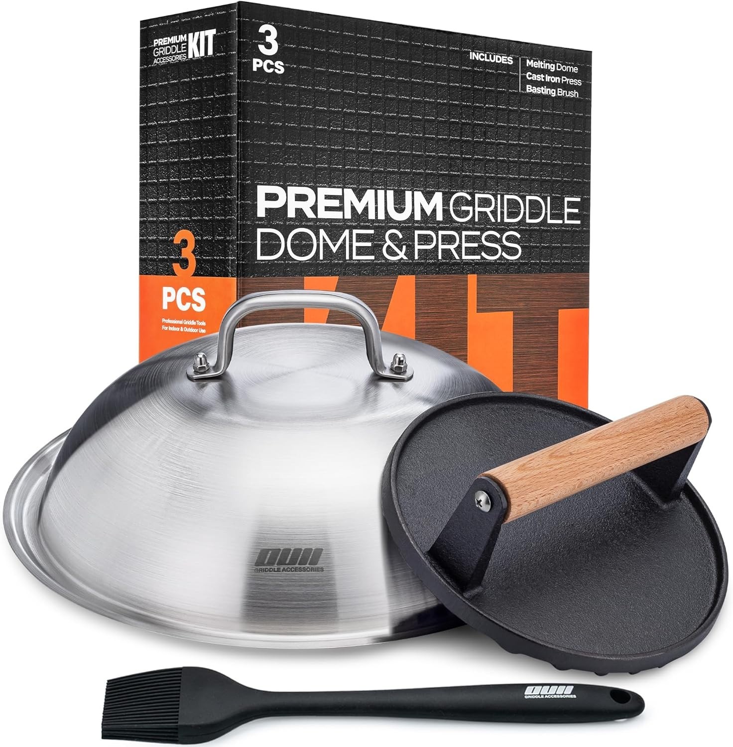 Flat Top Griddle Accessories Set for Griddle, Cast Iron w 12 In Round Heavy Duty