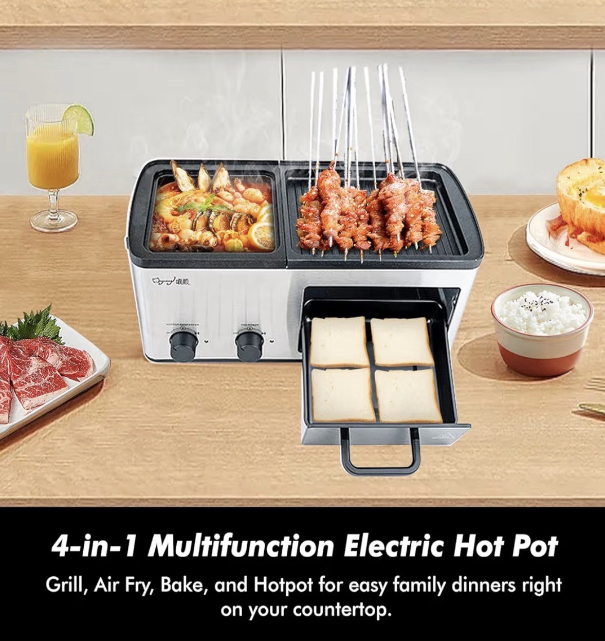 4 in 1 Breakfast Maker Station with Indoor Grill/Griddle/Toast Drawer/Frying New